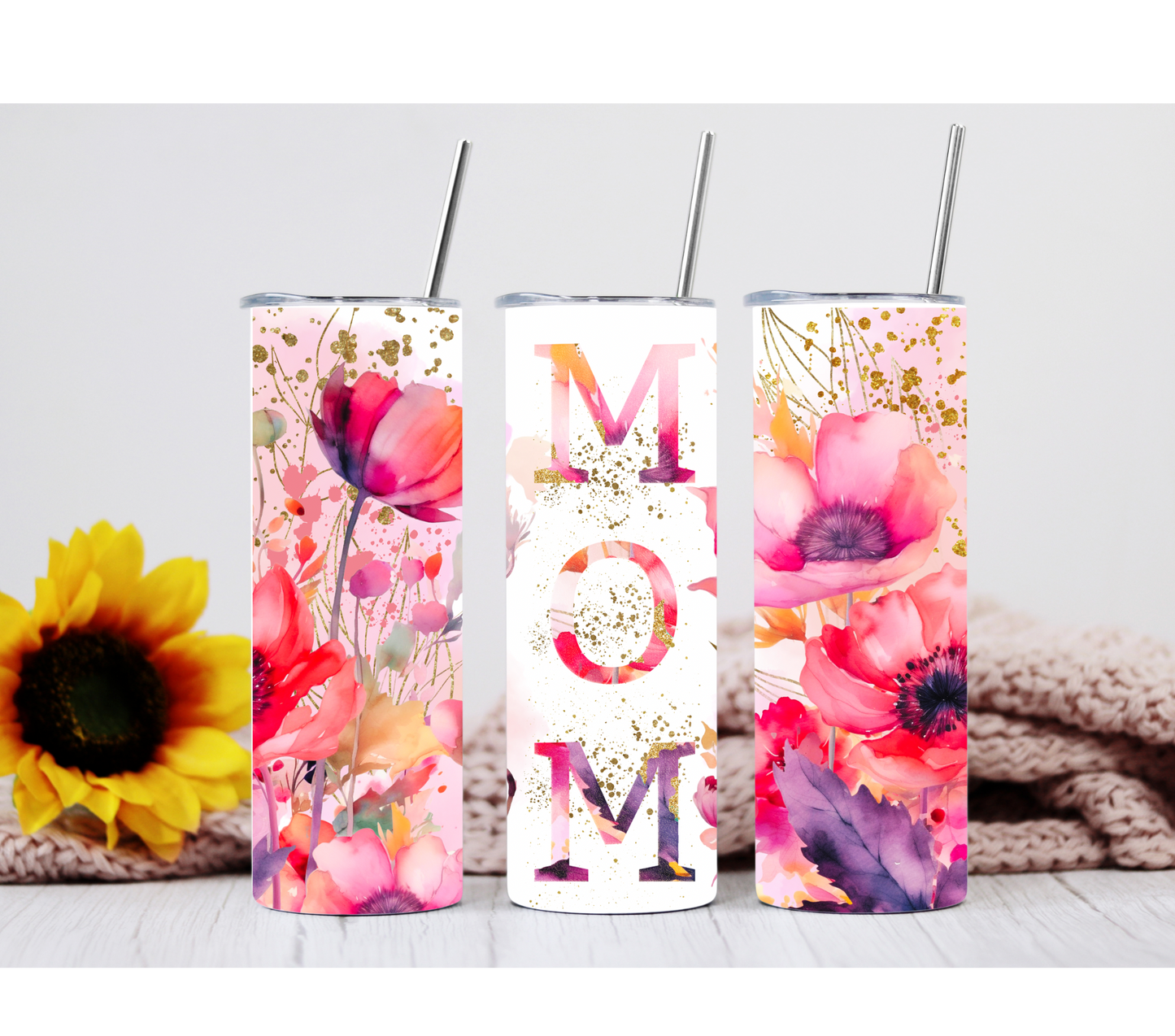 Mom Pink Flower Watercolor 20oz Tumbler