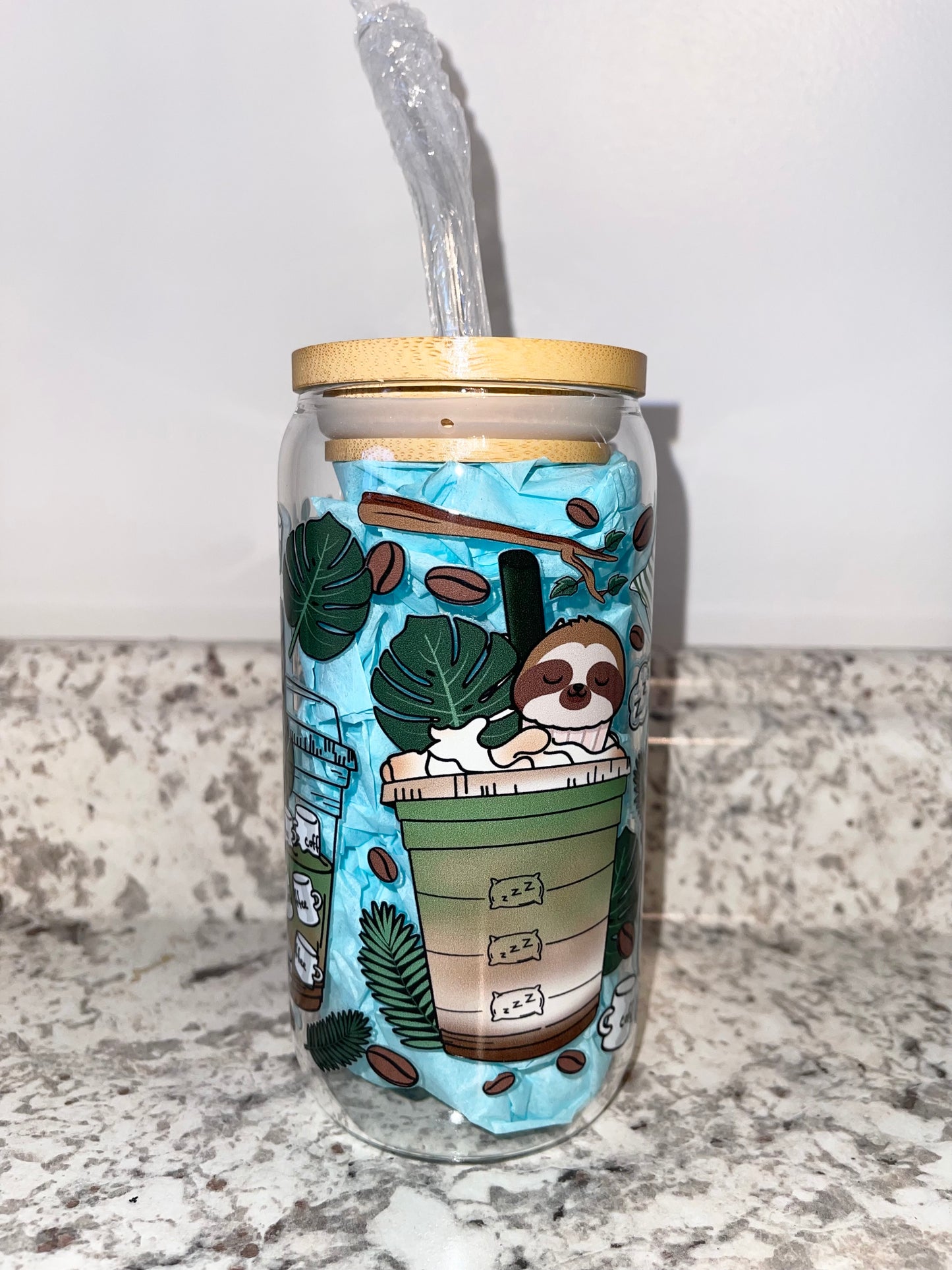 Happy Sloth Coffee 16oz glass can