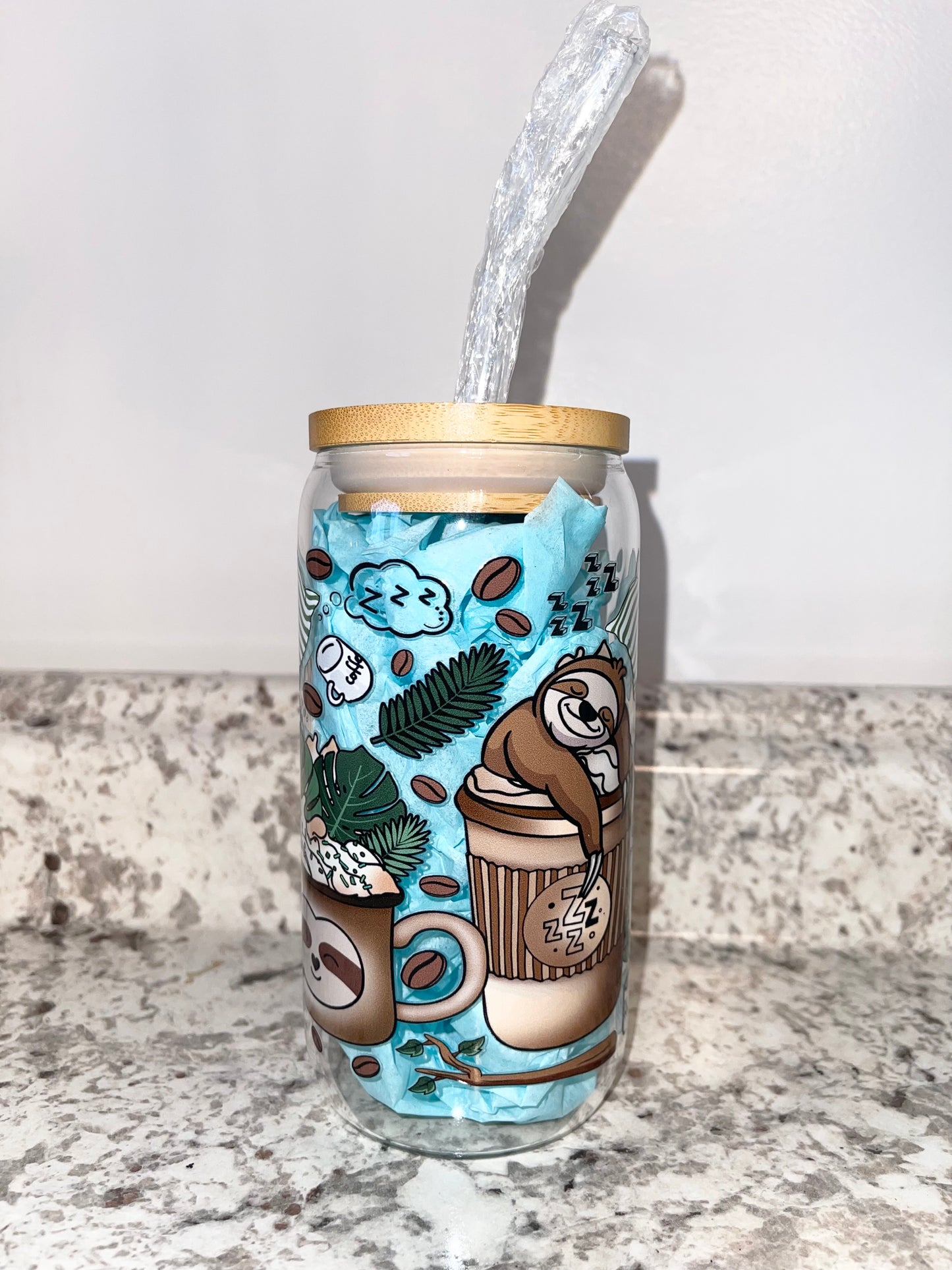 Happy Sloth Coffee 16oz glass can