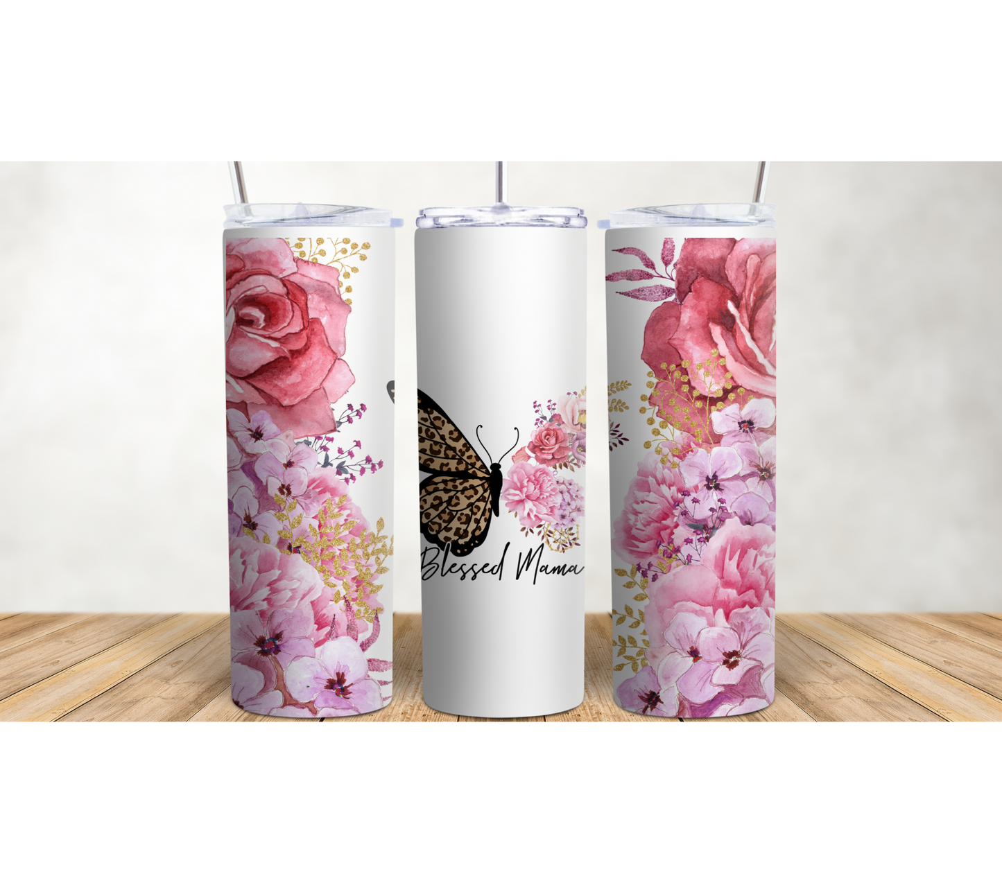 Blessed Mom With Pink Flowers and Leopard Butterfly 20oz Tumbler