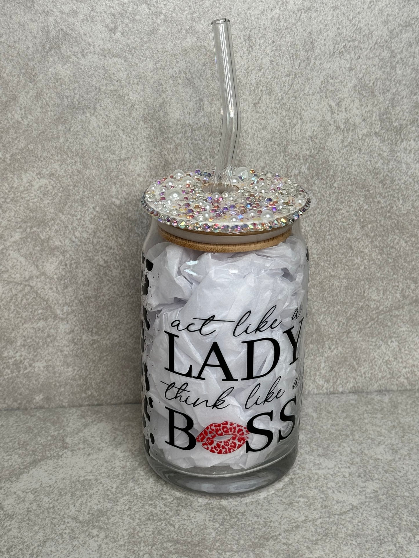 Act Like A Lady Think Like A Boss 11oz Glass Can Cup With Bling Lid