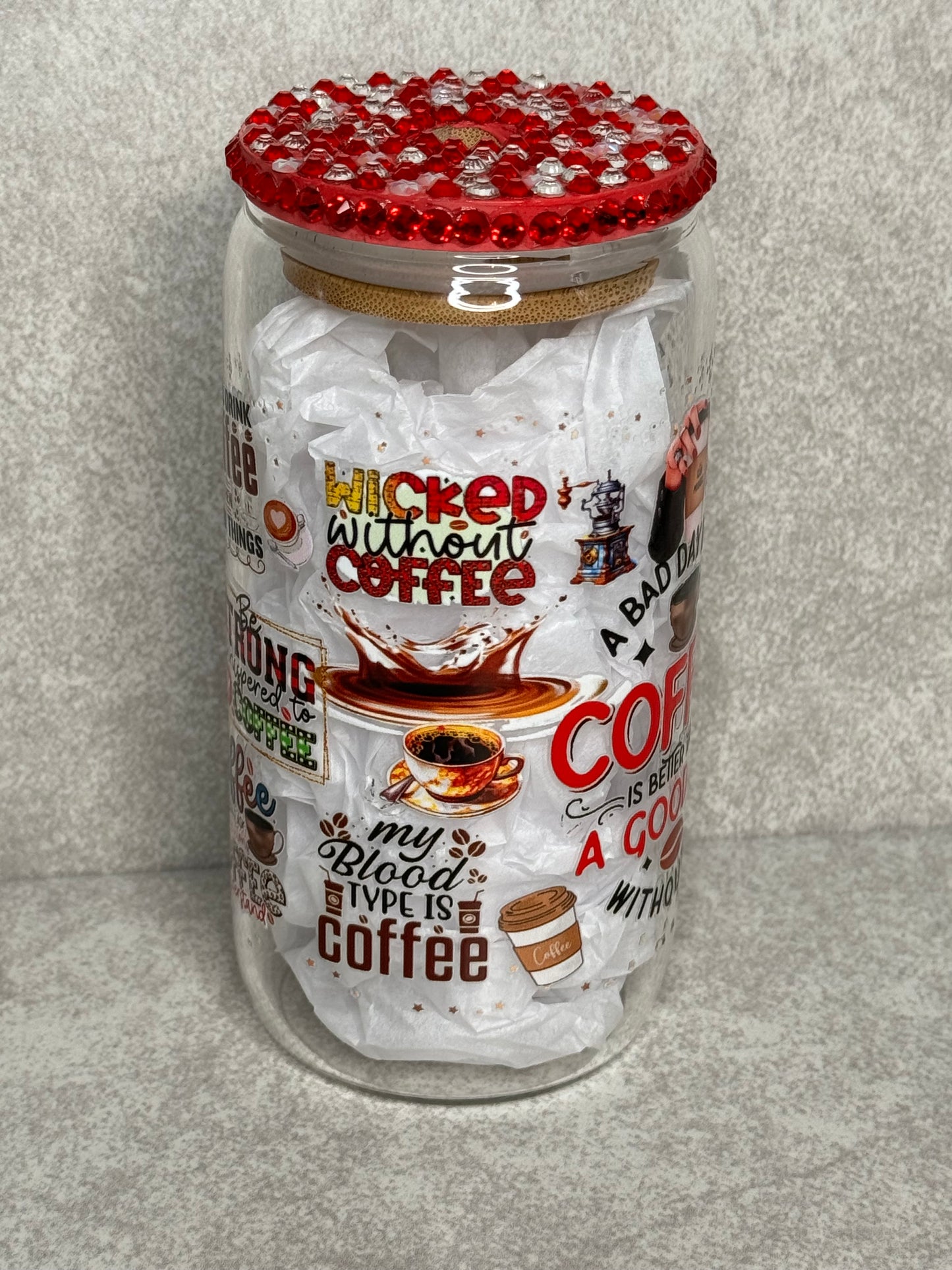 A Day With Coffee 16oz Glass Can Cup With Bling Lid