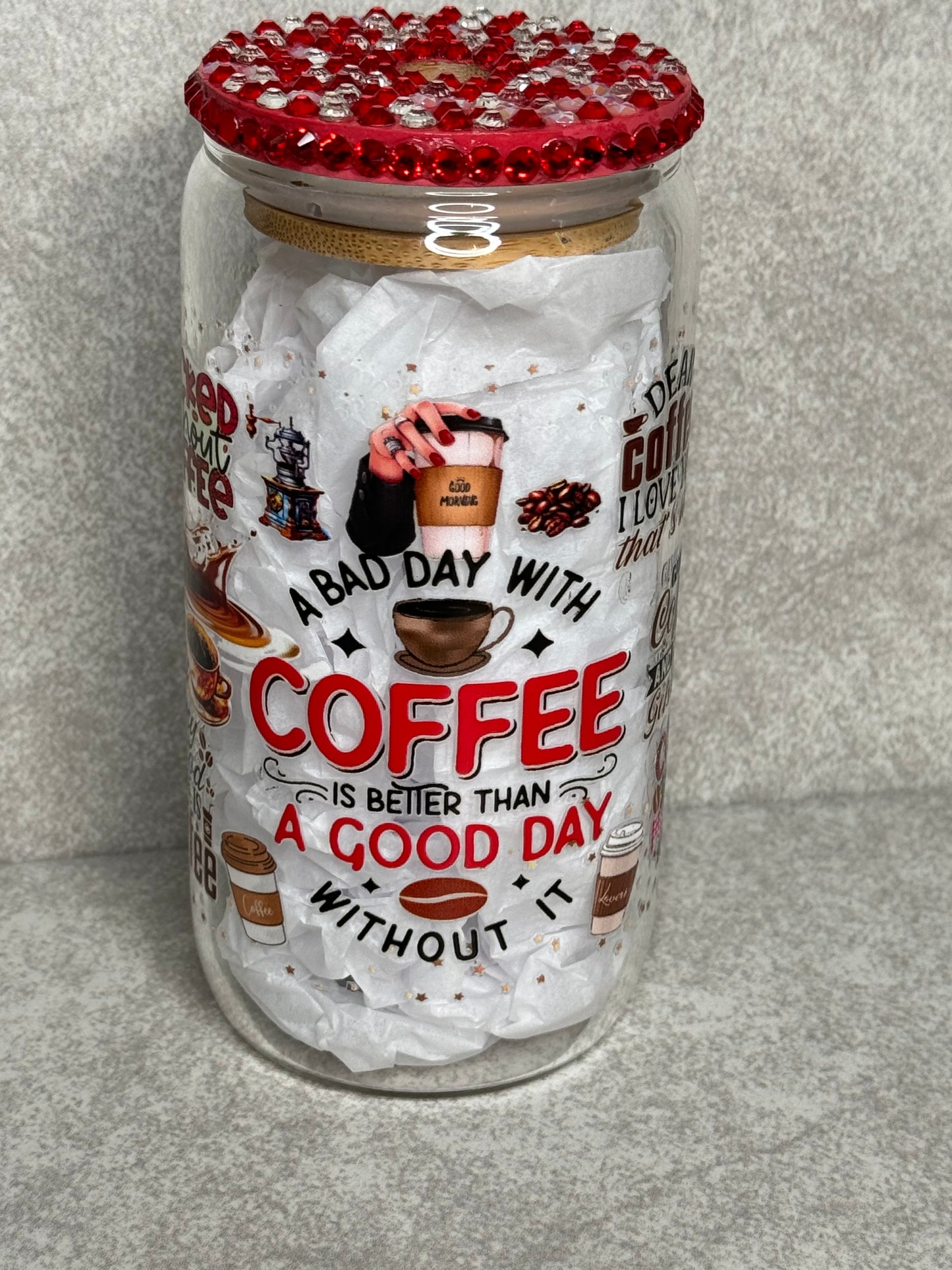 A Day With Coffee 16oz Glass Can Cup With Bling Lid