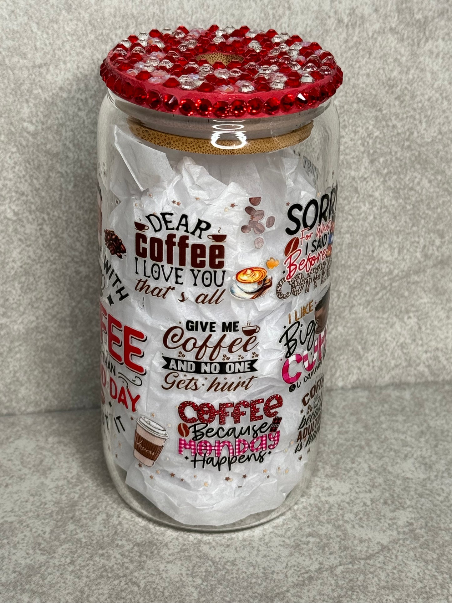 A Day With Coffee 16oz Glass Can Cup With Bling Lid