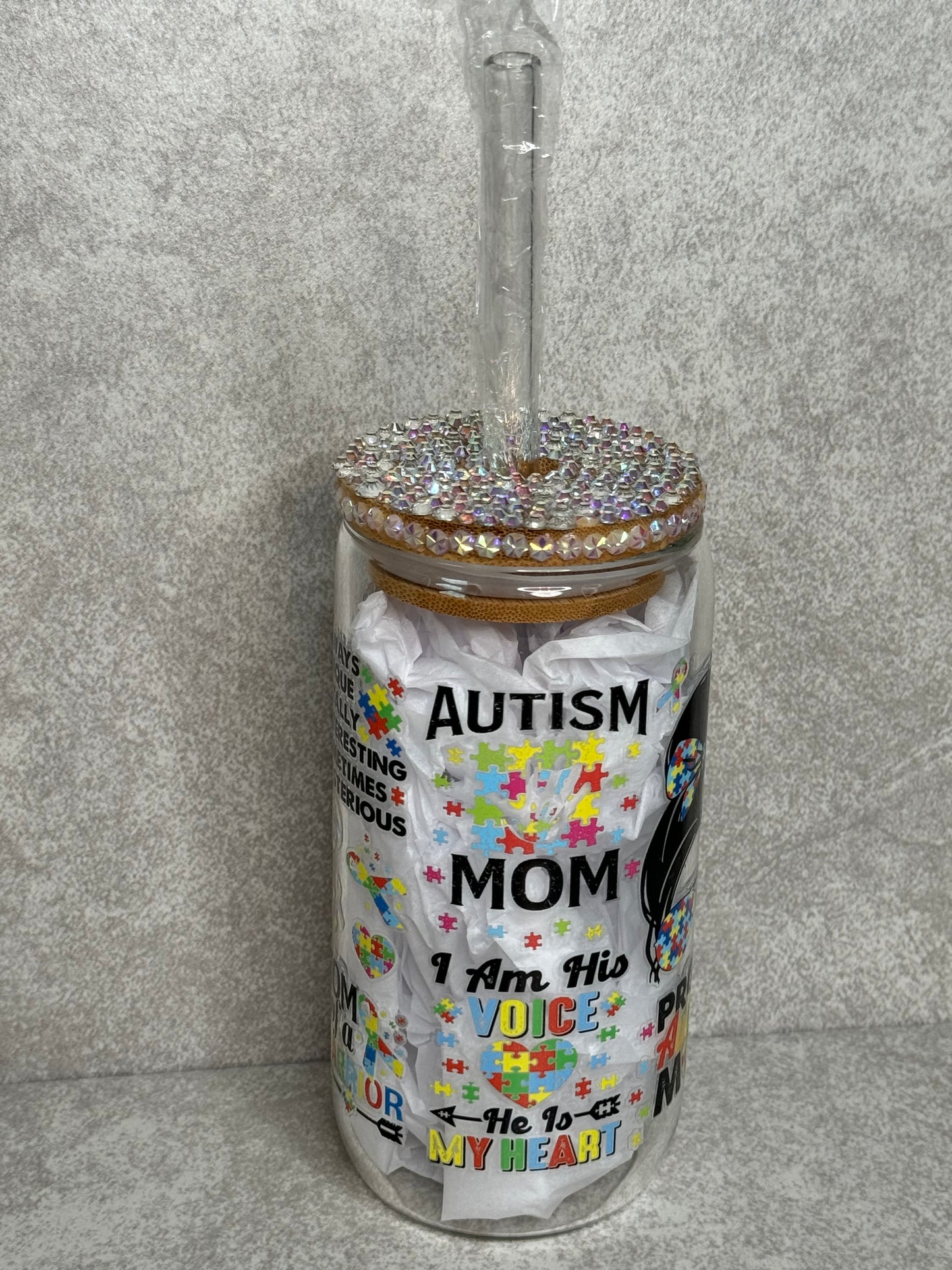 Autism Mom 16oz Glass Can Cup With Bling Lid