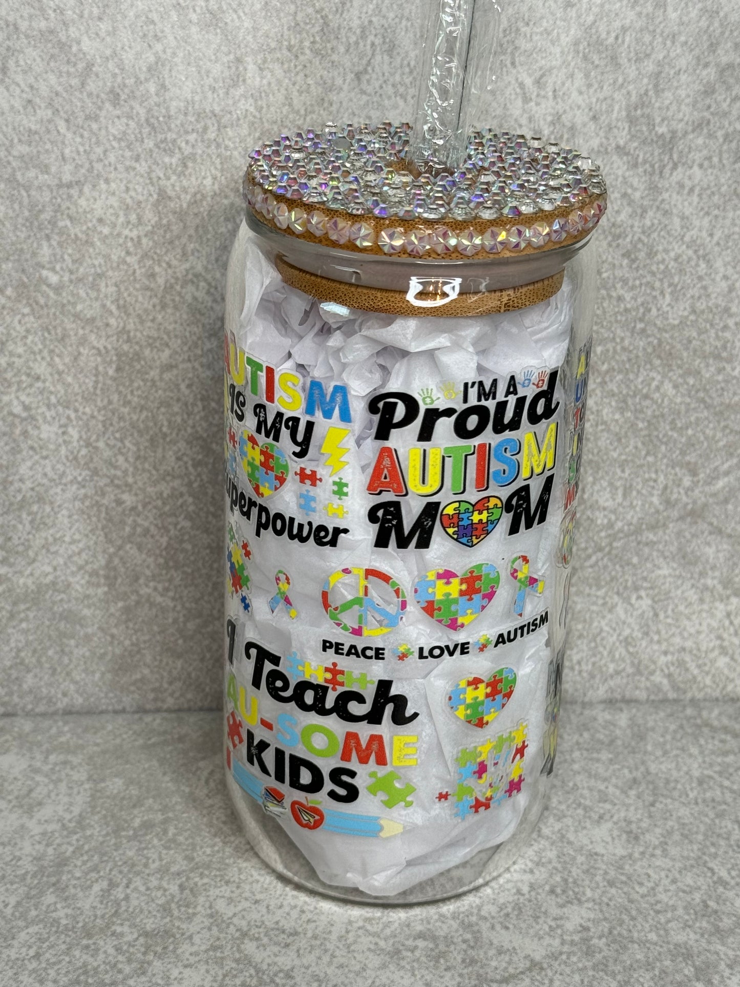 Autism Mom 16oz Glass Can Cup With Bling Lid