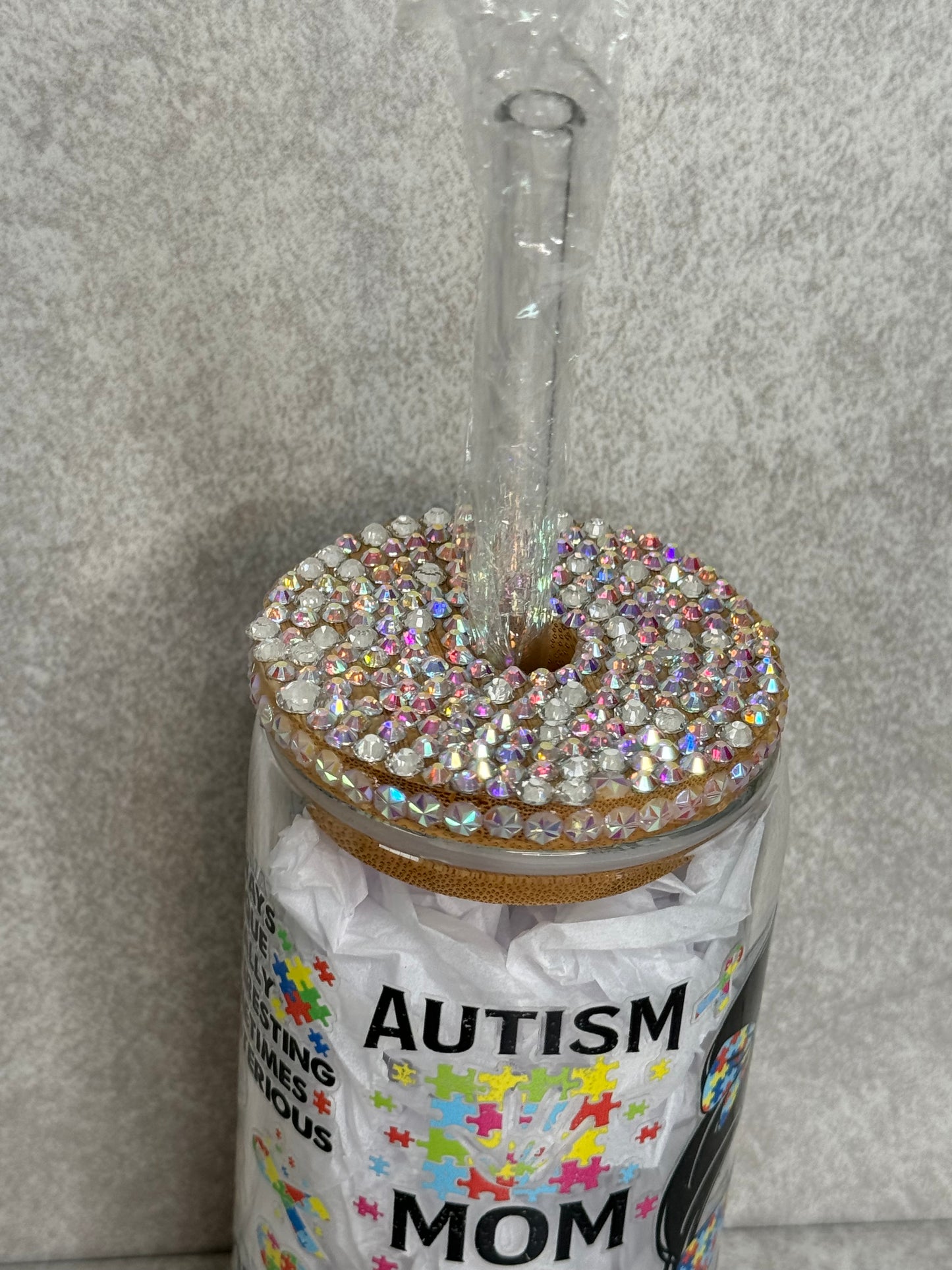 Autism Mom 16oz Glass Can Cup With Bling Lid