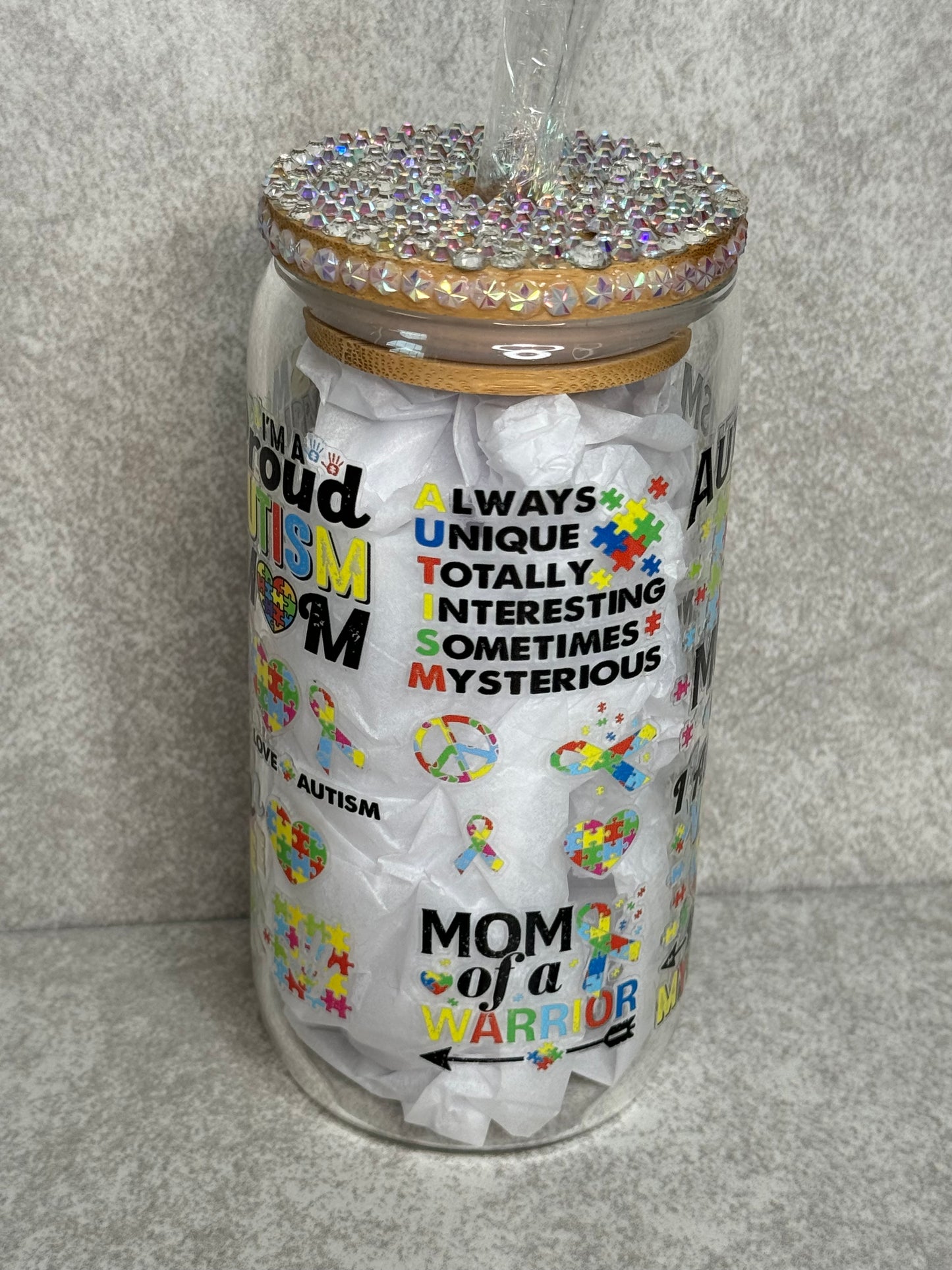 Autism Mom 16oz Glass Can Cup With Bling Lid