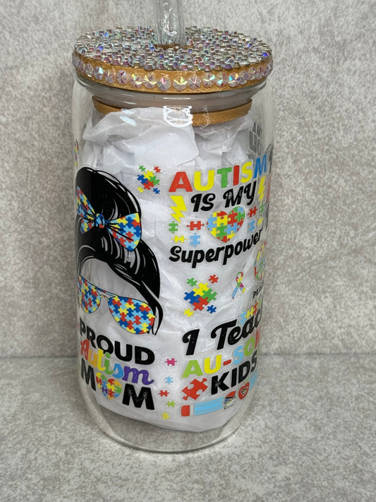 Autism Mom 16oz Glass Can Cup With Bling Lid