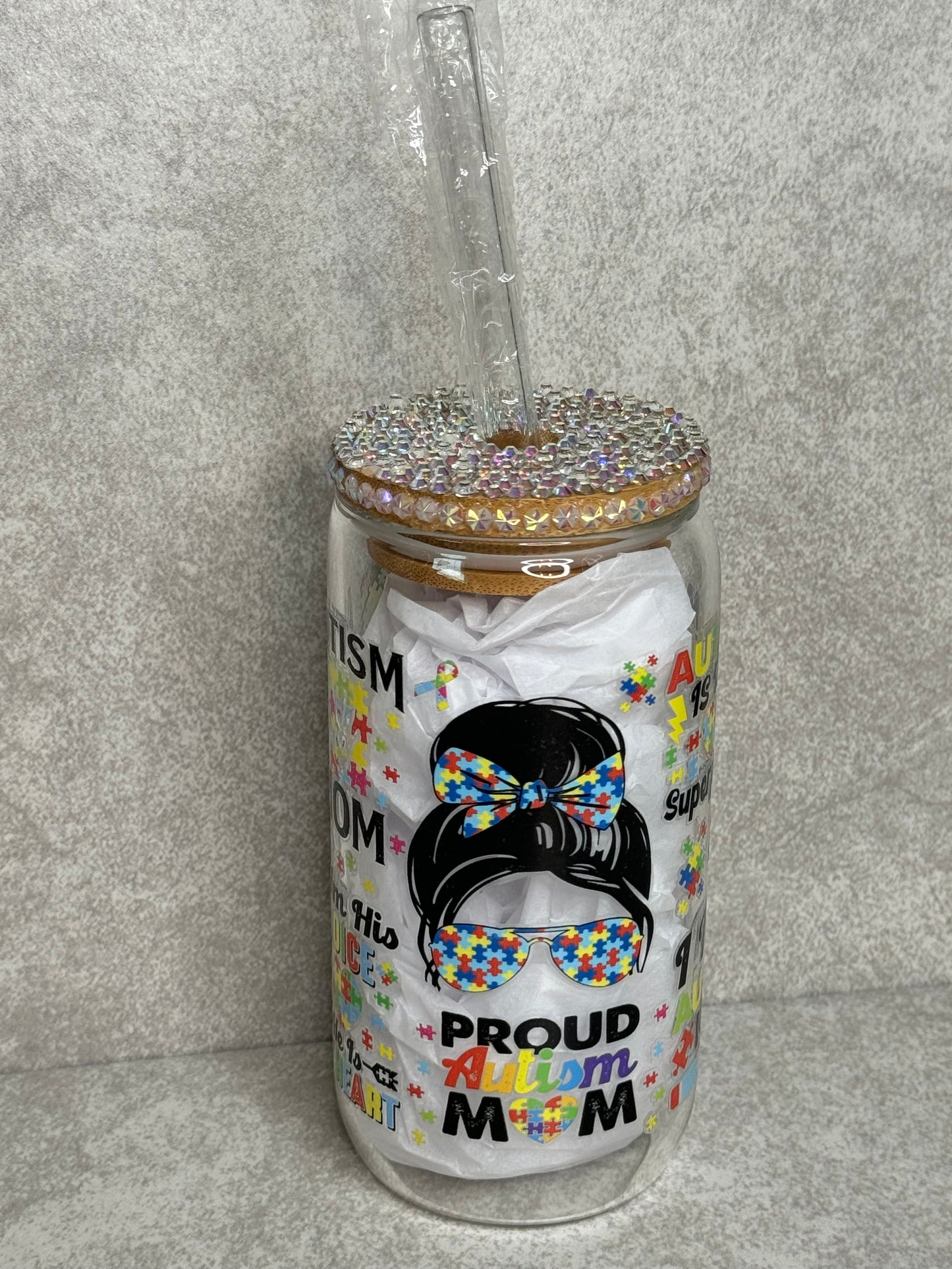 Autism Mom 16oz Glass Can Cup With Bling Lid