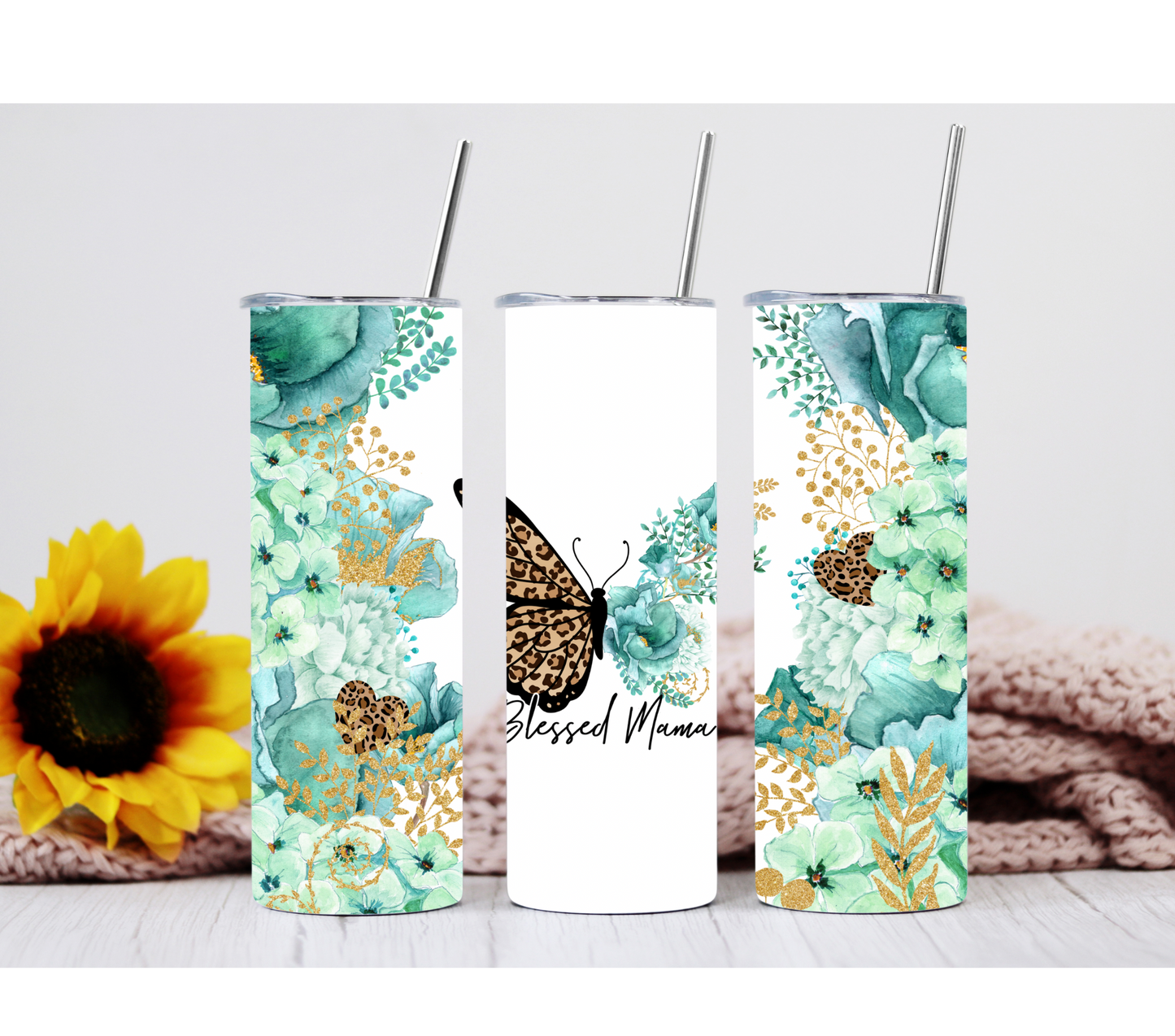 Blessed Mom With Blue Flowers and Leopard Butterfly 20oz Tumbler