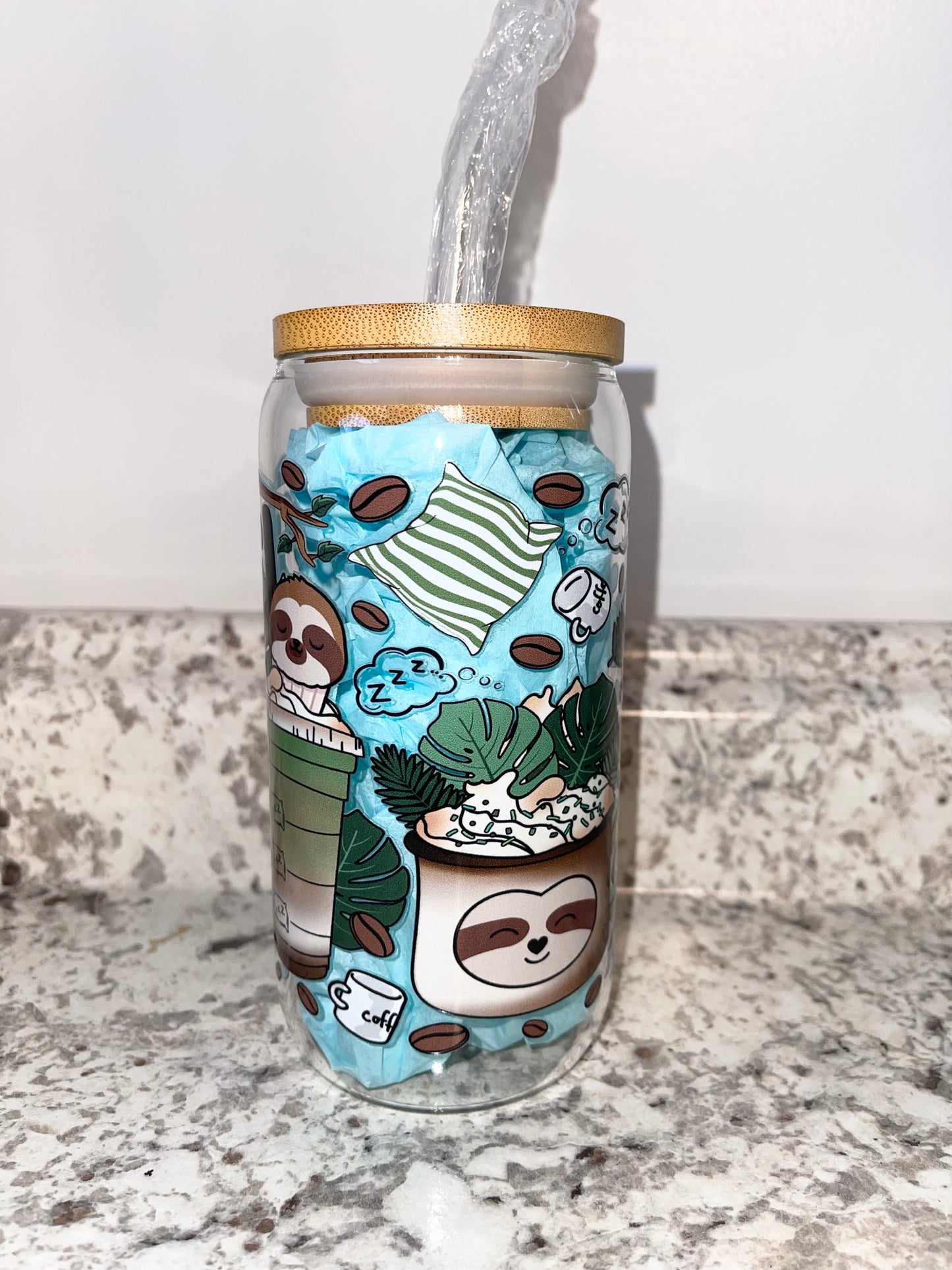 Happy Sloth Coffee 16oz glass can