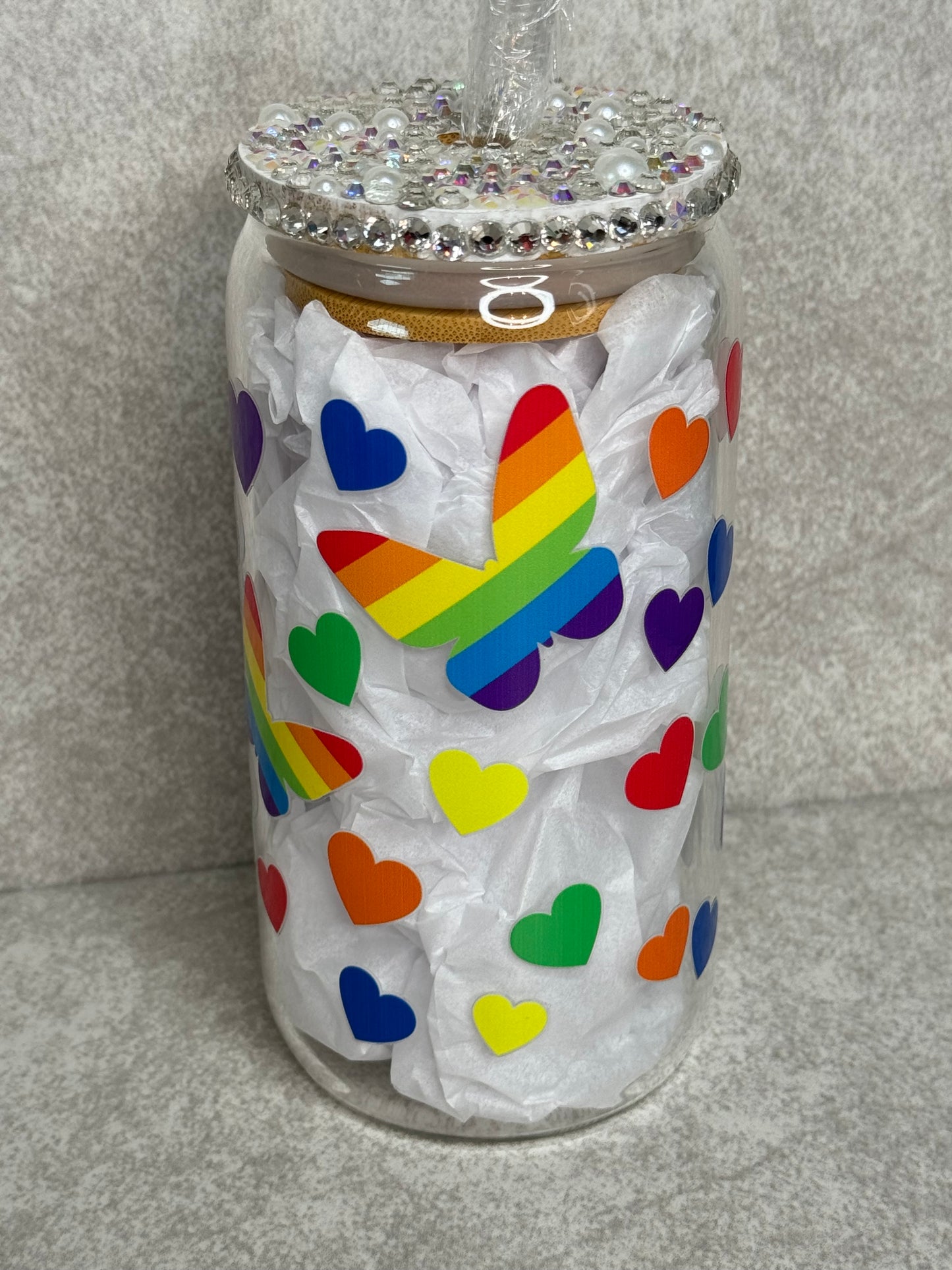 Love Is Love 16oz Glass Can Cup With Bling Lid