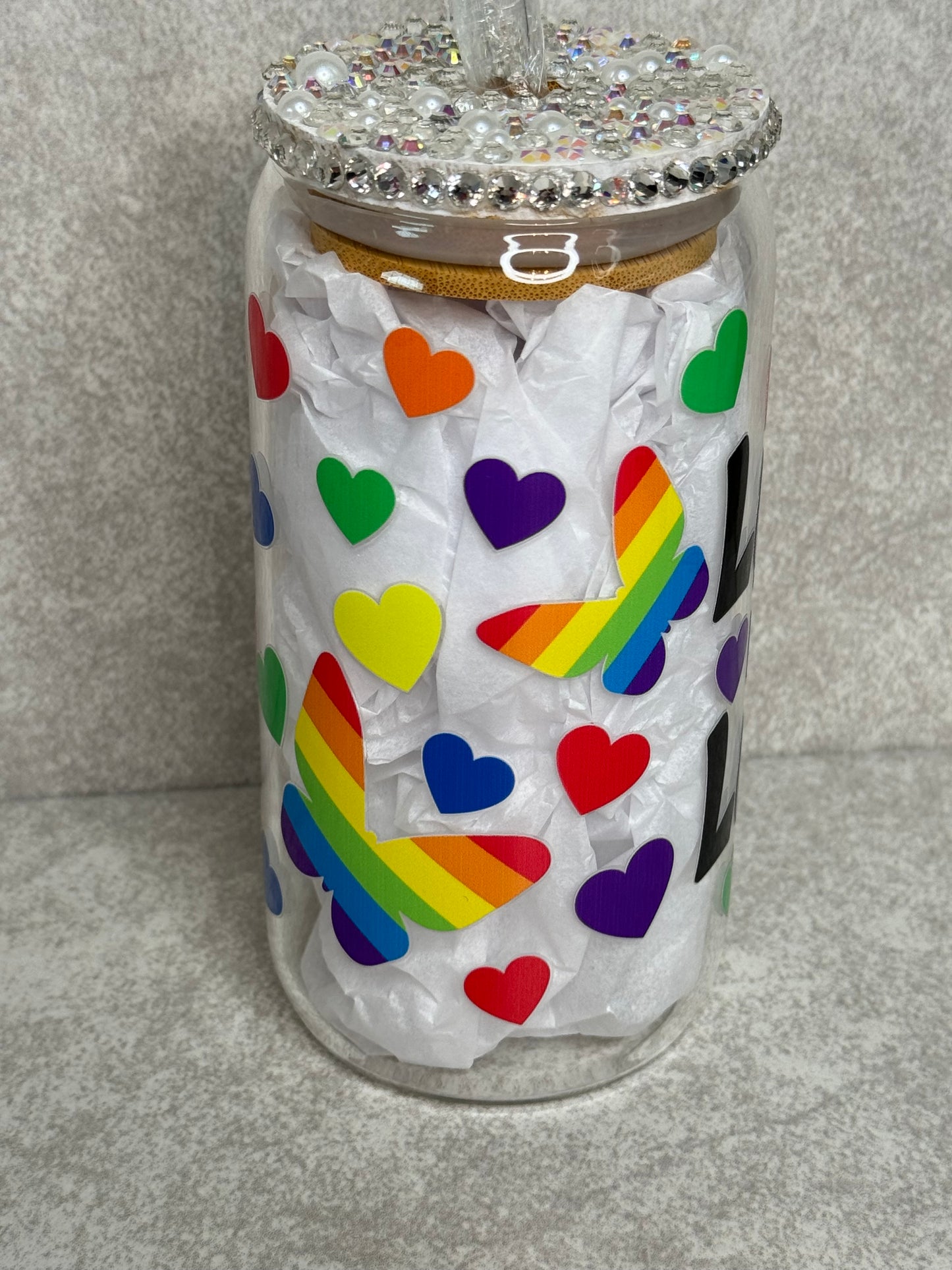 Love Is Love 16oz Glass Can Cup With Bling Lid