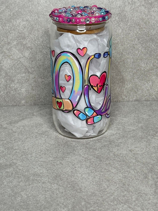 Nurse Inspire 16oz Glass Can Cup With Bling Lid