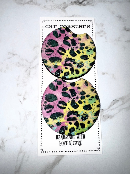 Pink and Yellow Leopard Car Coaster