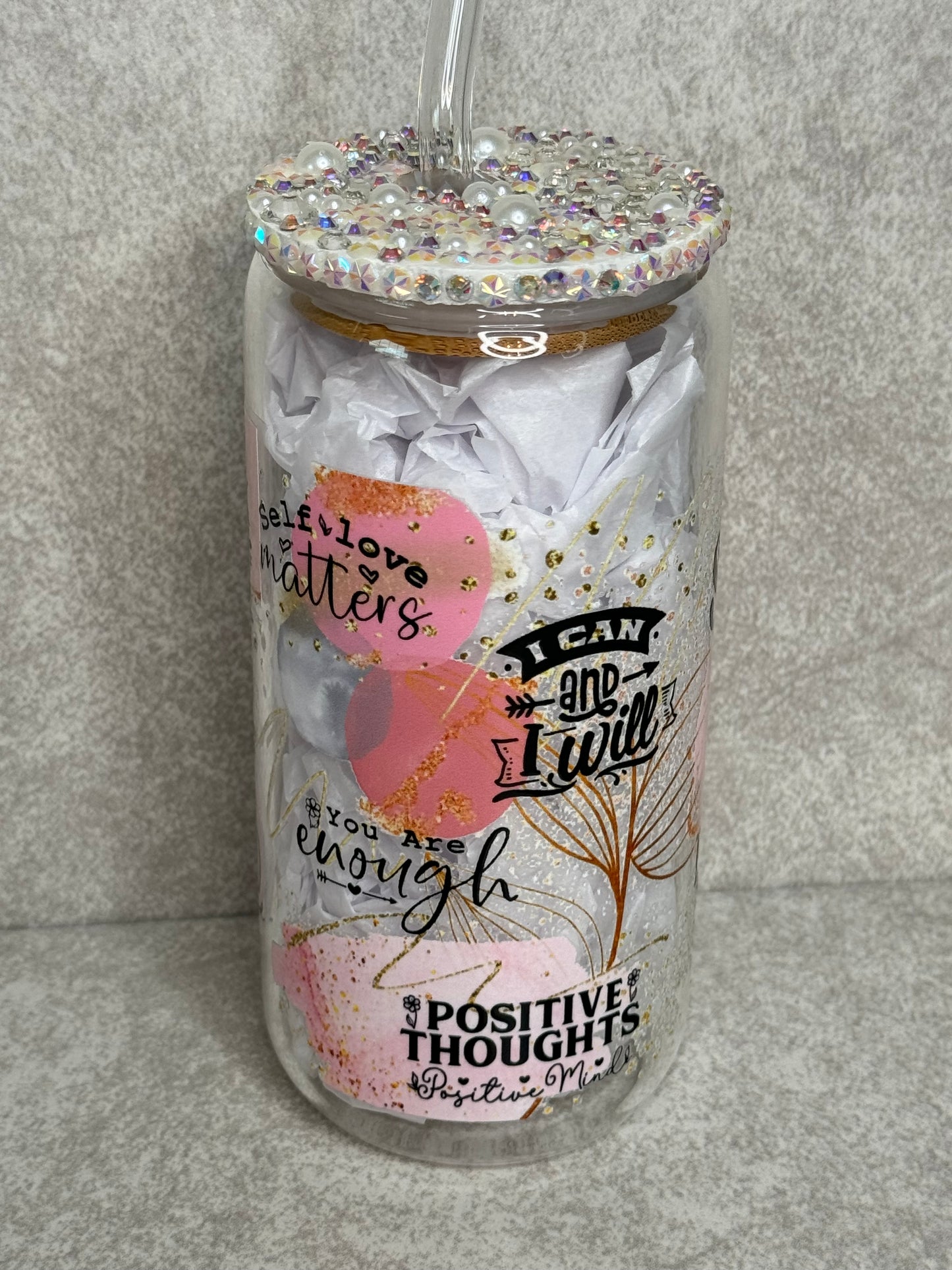 She Is Positive Affirmation Glass Can Cup 16oz With Bling Lid