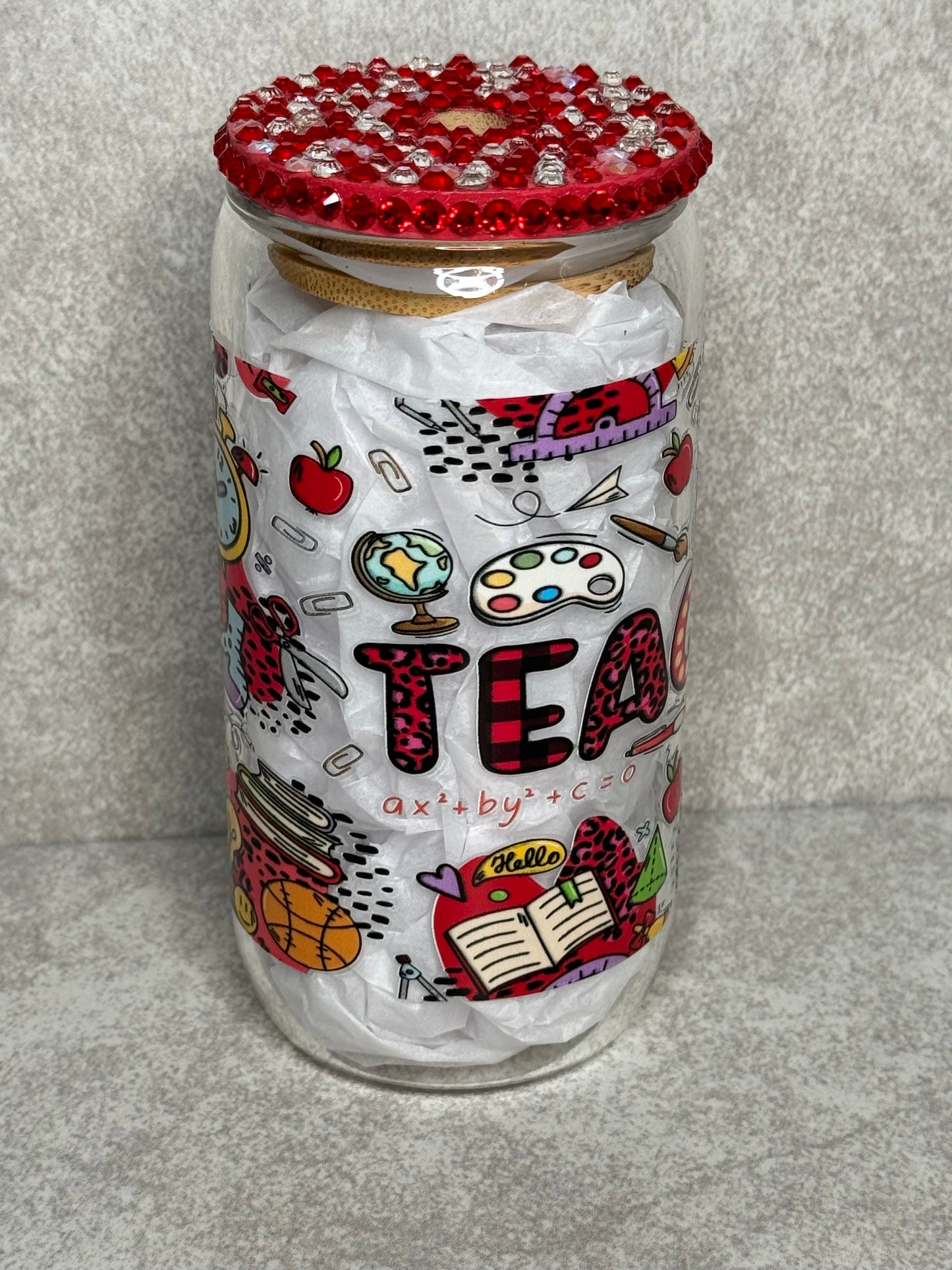 Teacher Love 16oz Glass Can Cup With Bling Lid