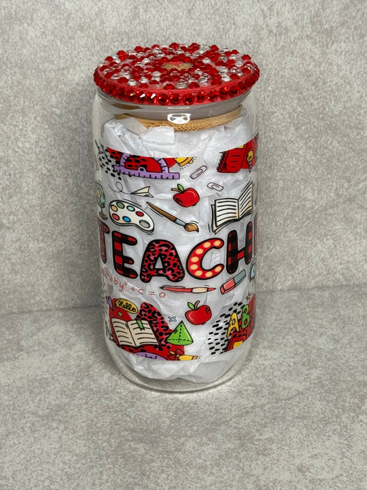 Teacher Love 16oz Glass Can Cup With Bling Lid