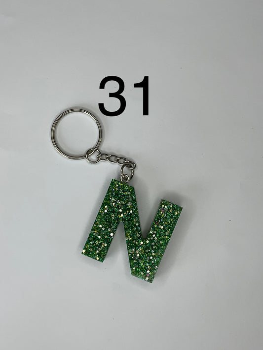 Green glitter letter N keychain